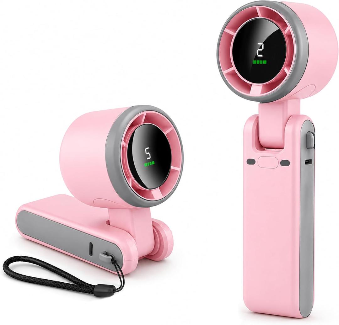 EcoNour Handheld Fan Rechargeable, Portable Mini USB Fan with 5 Speeds, 13550 RPM High-Speed Personal Cooling Fan, Foldable Battery Operated Travel Fan for Home, Office & Outdoor - Pink