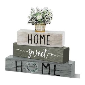 Cinnvoice 4 Pcs Farmhouse Wooden Tabletop Decor Eucalyptus Leaves Spring Rustic Tiered Tray Decor Home Sweet Home Table Centerpiece for Centerpiece Table Decoration Housewarming Gifts