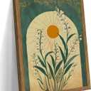 Framed Boho Wall Art, Lily of the Valley Emerald Green Sun Canvas, Mystical Country Botanical Wall Decor, Spiritual Flowers Poster Pictures Print for Bedroom Living Room  12x16 inch