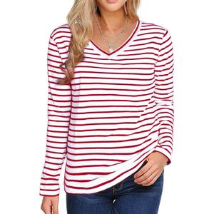 LilyCoco Womens Breton Striped Shirt V Neck Long Sleeve Top Casual Loose Fit Tee Red and White 3X-Large