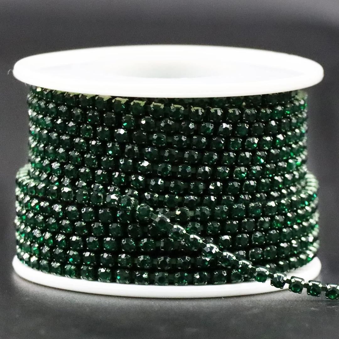 Jerler 10 Yards Crystal Rhinestone Trim SS12/3.0mm Close Chain for Sewing Crafts Ideal Wedding Party DIY Decoration (Dark Green)