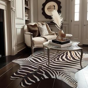 jinchan Zebra Print Area Rug Faux Skin Cowhide Animal Design Mat Faux Suede Indoor Floorcover for Bedroom Living Room 5x6 Safari Design (Black,white)