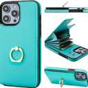 Folosu Compatible with iPhone 14 Pro Max Case Wallet with Card Holder, 360Rotation Finger Ring Holder Kickstand, RFID Blocking Leather Protective Double Buttons Shockproof Cover 6.7 Inch Green