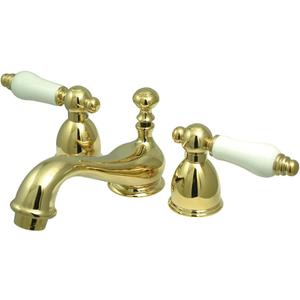 Kingston Brass KS3952PL Restoration Mini Widespread Lavatory Faucet with Porcelain Lever Handle, Polished Brass,4-Inch Adjustable Center
