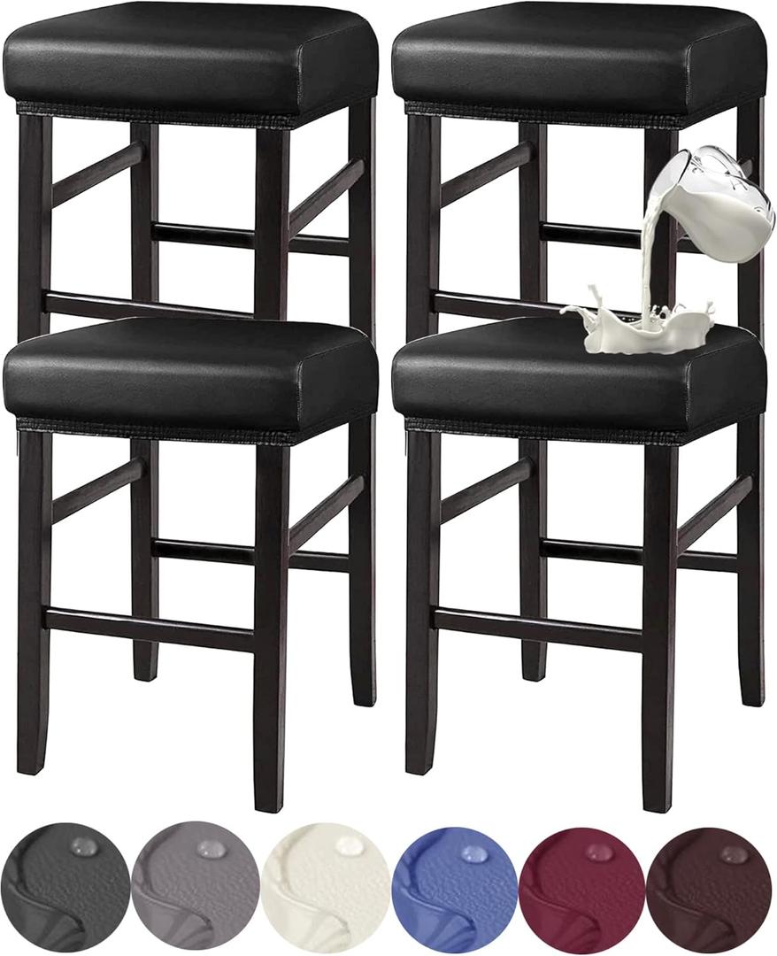 HFCNMY Stool Covers Rectangle, Stretch Waterproof PU Rectangle Bar Stool Covers Washable Saddle Seat Cover with Elastic Bands for Wooden Metal Barstools(4 Pack,Black)