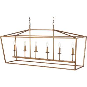 JONATHAN Y 49" Antique Gold Lantern Pendant Light, 6-Light Pagoda Style Metal Cage Farmhouse Hanging Ceiling Fixture for Kitchen Island, LED Bulb Included (JYL7439B)