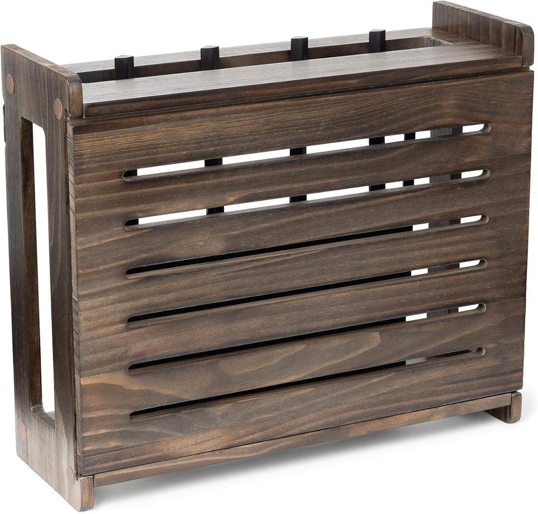 Wooden WiFi Router Storage Box - Standard Wall Mountable Decorative Modem Shelf Hider Cover with Cable Management System - Home Organization Solution for Routers Up to 11" Tall - Espresso Brown