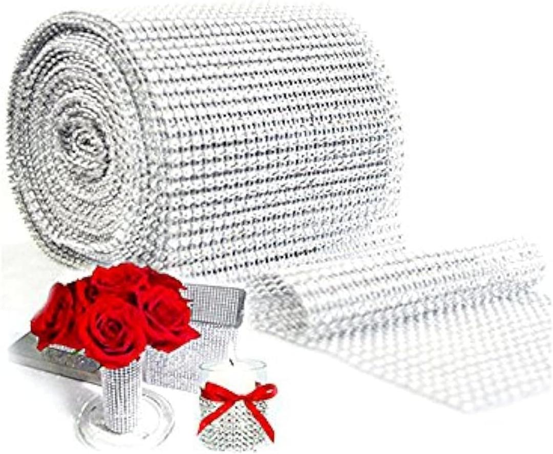 Super Z Outlet Sparkling Rhinestone Mesh Ribbon for Event Decorations, Wedding Cake, Birthdays, Baby Shower, Arts & Crafts, 4.75" x 10 Yards, 24 Row, 1 Roll (Silver)
