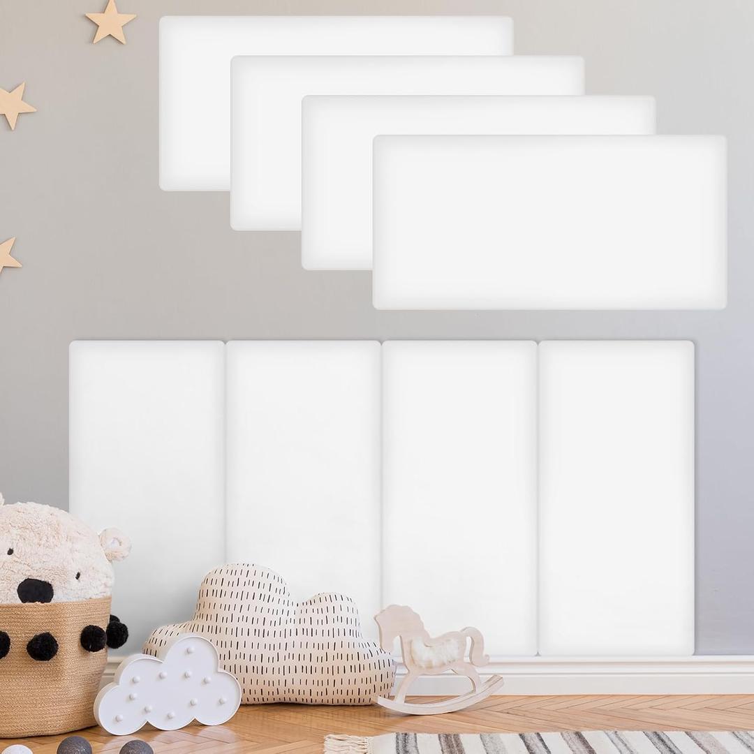 Hahafelt 8 Pack Wall Padding for Playroom Peel and Stick Headboard 15.75" x 7.87" x 1.18" 3D Anti Collision Upholstered Wall Panels Self Adhesive Headboard Panel for Protection (White)