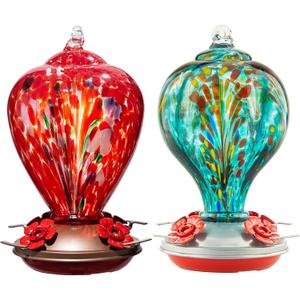 LaElvish Garden 2 Packs Hummingbird Feeder for Outdoors Hanging, 34OZ & 32OZ Hand Blown Glass Hummingbird Feeders for Outside, Red & Teal