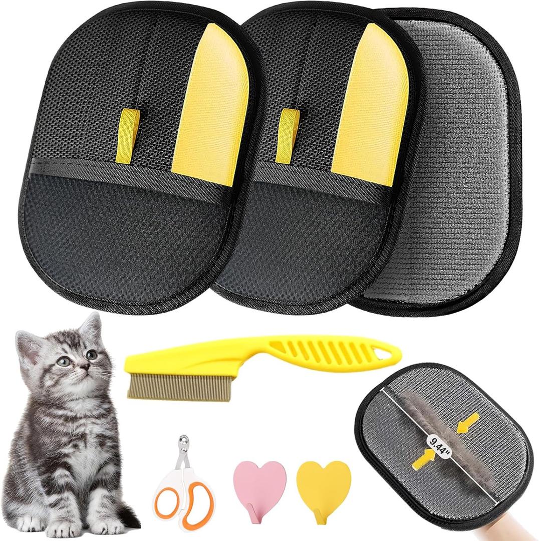 3 x Pet Hair Removal Glove - 2025 Upgraded Electrostatic Pet Hair Remover, Cat & Dog Hair Remover Tool for Couch, Furniture, Carpet, Car Seat, Clothing, Reusable Double Sided Cat Grooming Gloves (2pcs)