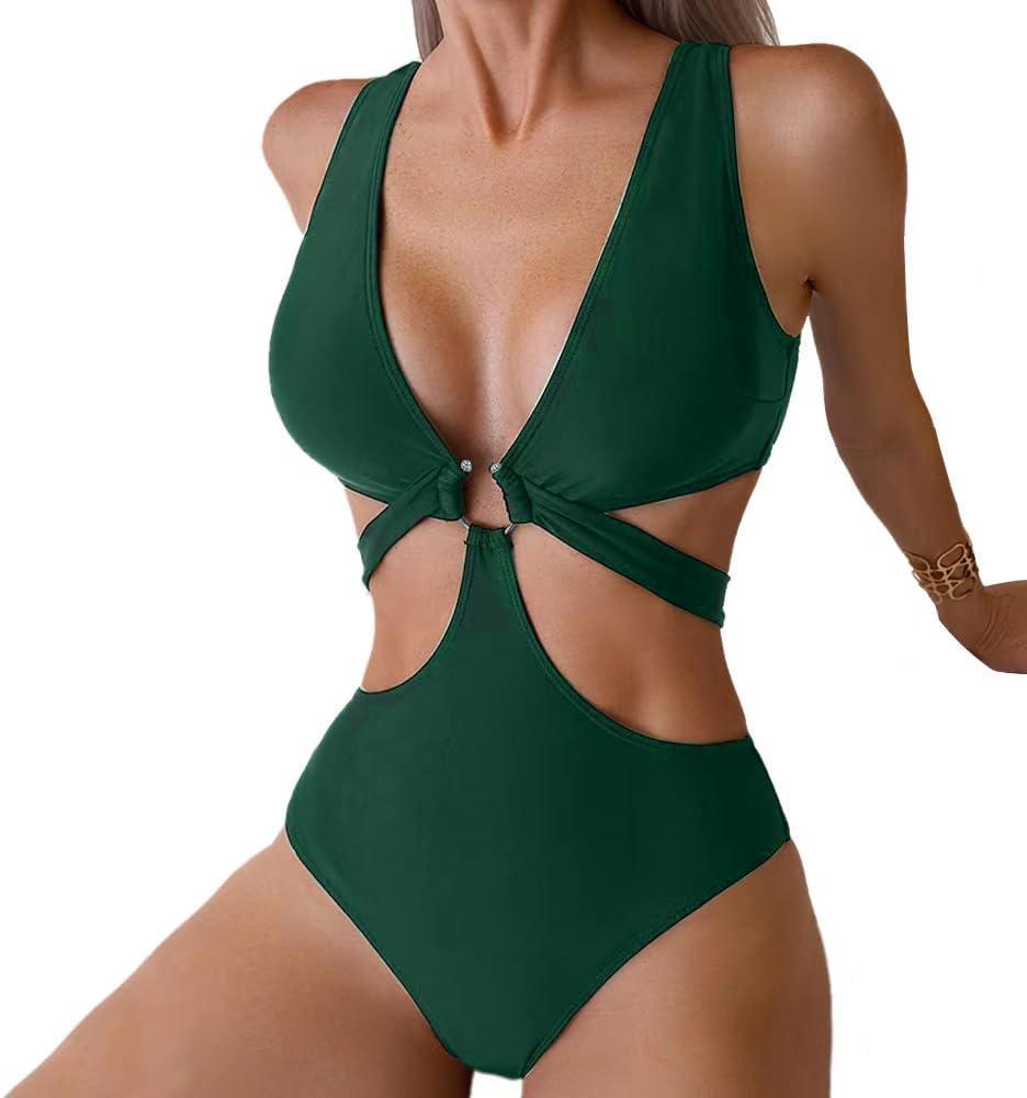 Women's Deep V Neck One Piece Swimsuit O-Ring Swimwear Sexy Cut Out Bathing Suit (Army Green, Size L)