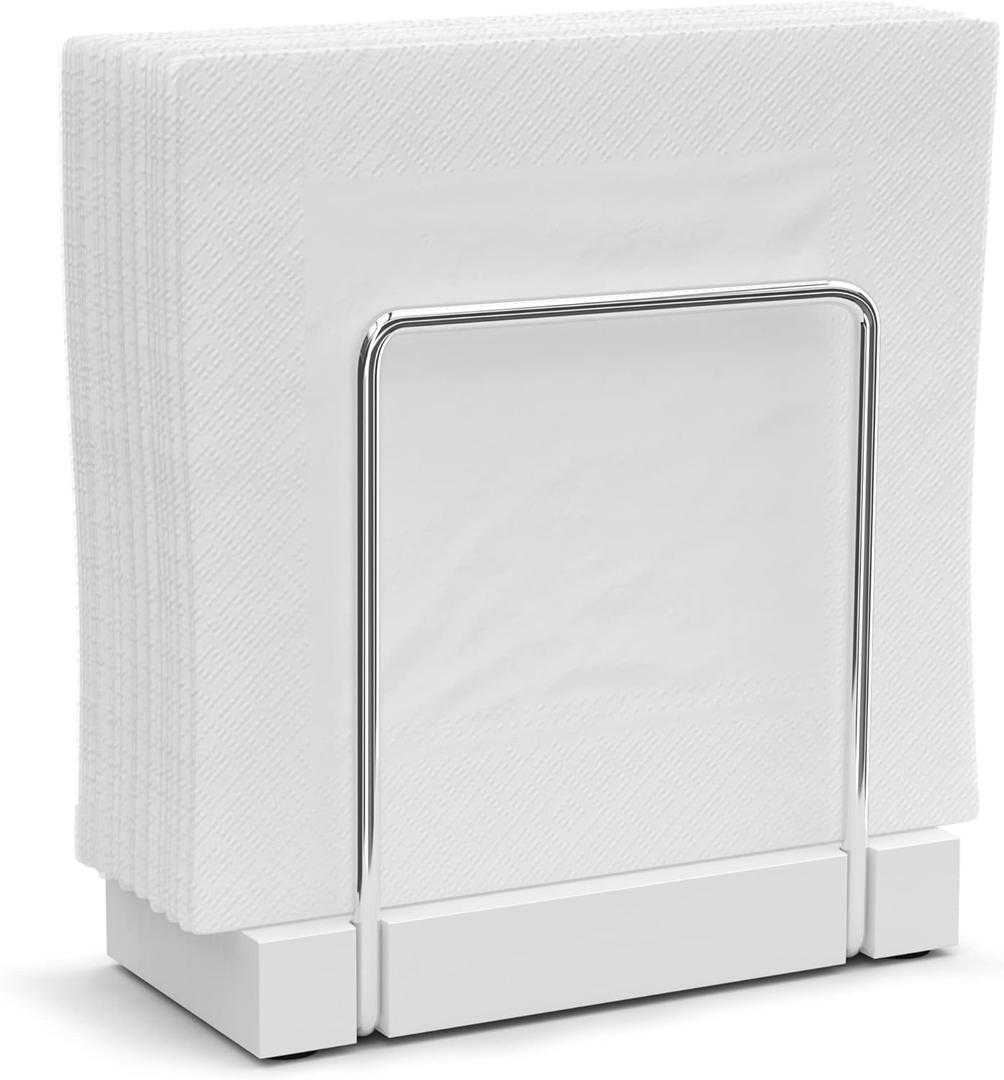 Napkin Holder for Table, Bamboo Iron Standing Napkin Dispenser for Kitchen Dining Table Farmhouse Cocktail Picnic Rustic Wood Holders for Mail Bills Suitable for All Dining Room Decors Silvery & White (5.78*2.51*5.04 inch)