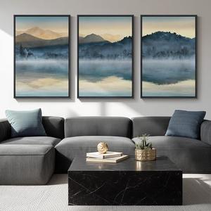 Framed Watercolor Mountain Wall Art for Living Room, Large Lake Nature Landscape Artwork for Walls, 3 Piece Blue Foggy Scenic Aesthetic Canvas Painting Prints for Office Hallway Wall Decor, 24x36 Inch