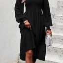 PRETTYGARDEN Women's Fall Dresses 2025 Long Sleeve V Neck Swiss Dot Empire Waist Chiffon Dress Ruffle Smocked Midi Dresses (Black, L)