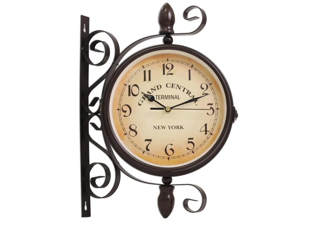 Japard Vintage Wall Clock, Antique Unique Industrial Double Sided Decorative Retro Iron Frame, New York Terminal Wall Mounted Battery Operated Smooth Sweep Brown