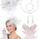1920s Vintage Fascinators Hat Set for Women Tea Party Hats Veil Mesh Feather Headband Lace Gloves Set (White)