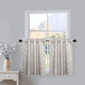 VOGOL Tiers Curtains 30 Inch Length Grey Small Window Curtains for Bathroom Laundry Room Basement Rod Pocket Lovely Leaf Print Window Drapes, 30 x 30, 2 Panels