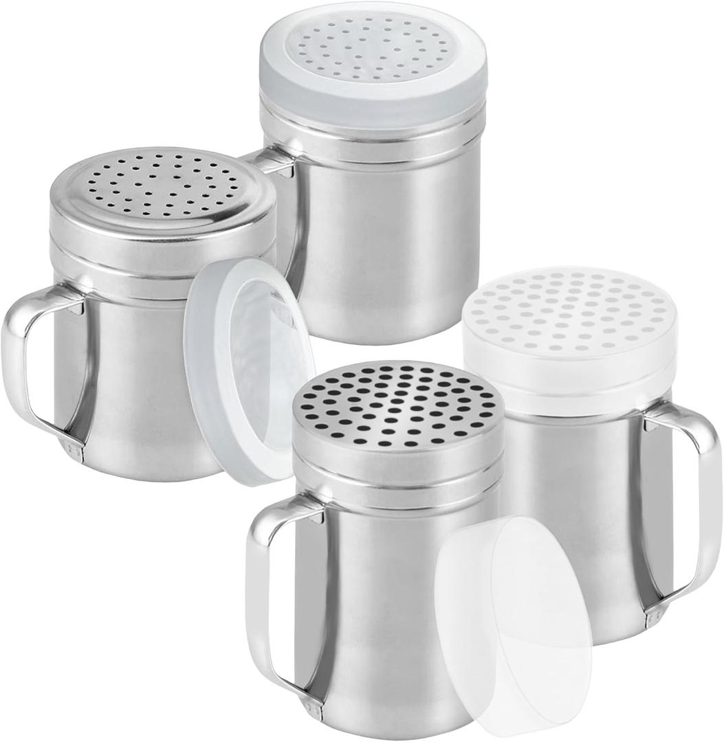 [2-pack] 10oz Seasonings Spice Shakers with Holes, [2-pack] 14oz Metal Parmesan Cheese Shakers with Large Holes - with Handle and Plastic Cap