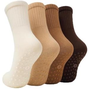 BELINO Pilates Socks for Women with Non Slip Grippers  Crew Socks for Yoga, Barre, Gym, Workout, Hospital 4 Pairs (6, Multicolor)