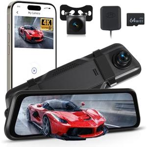 NHOPEEW 4K Dual Lens Rear View Mirror Camera - 9.66 Inch Touchscreen Mirror Dash Cam Front and Rear - APP Control/GPS/Loop Recording/G-Sensor/ADAS/BSD/Parking Monitoring + Backup Camera