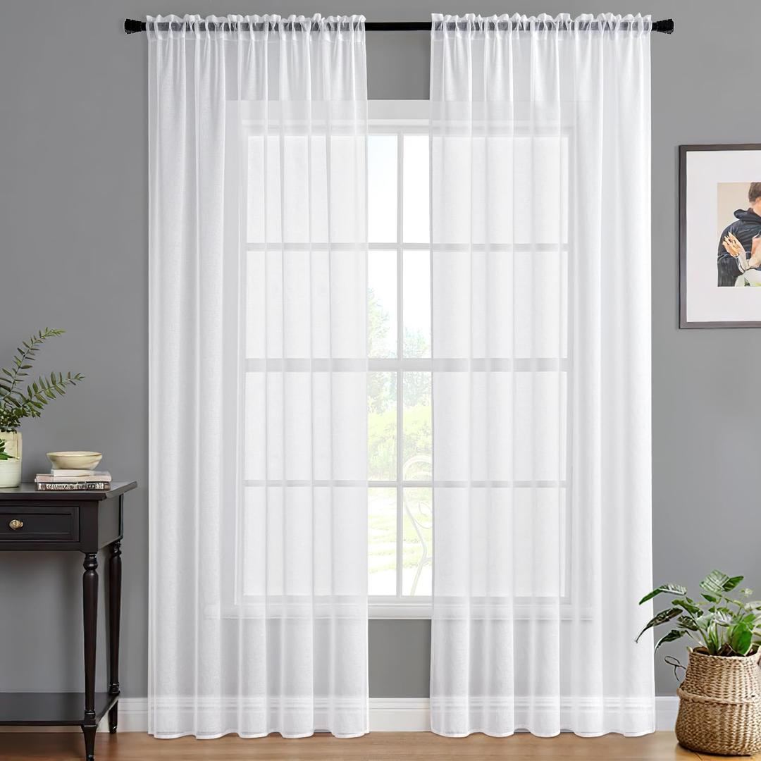 MIULEE White Sheer Curtains Linen Textured 90 Inches Long 2 Panels for Bedroom Living Room, Semi Transparent Farmhouse Rod Pocket Light Filtering Voile Window Drapes, W 42 x L 90 inch Length
