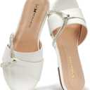 Women's Flat Sandals Rhinestone Strappy Buckle Slides With Soft Memory Foam Insole, Dressy Beach Leather Slippers for Summer Vacation (8, White)