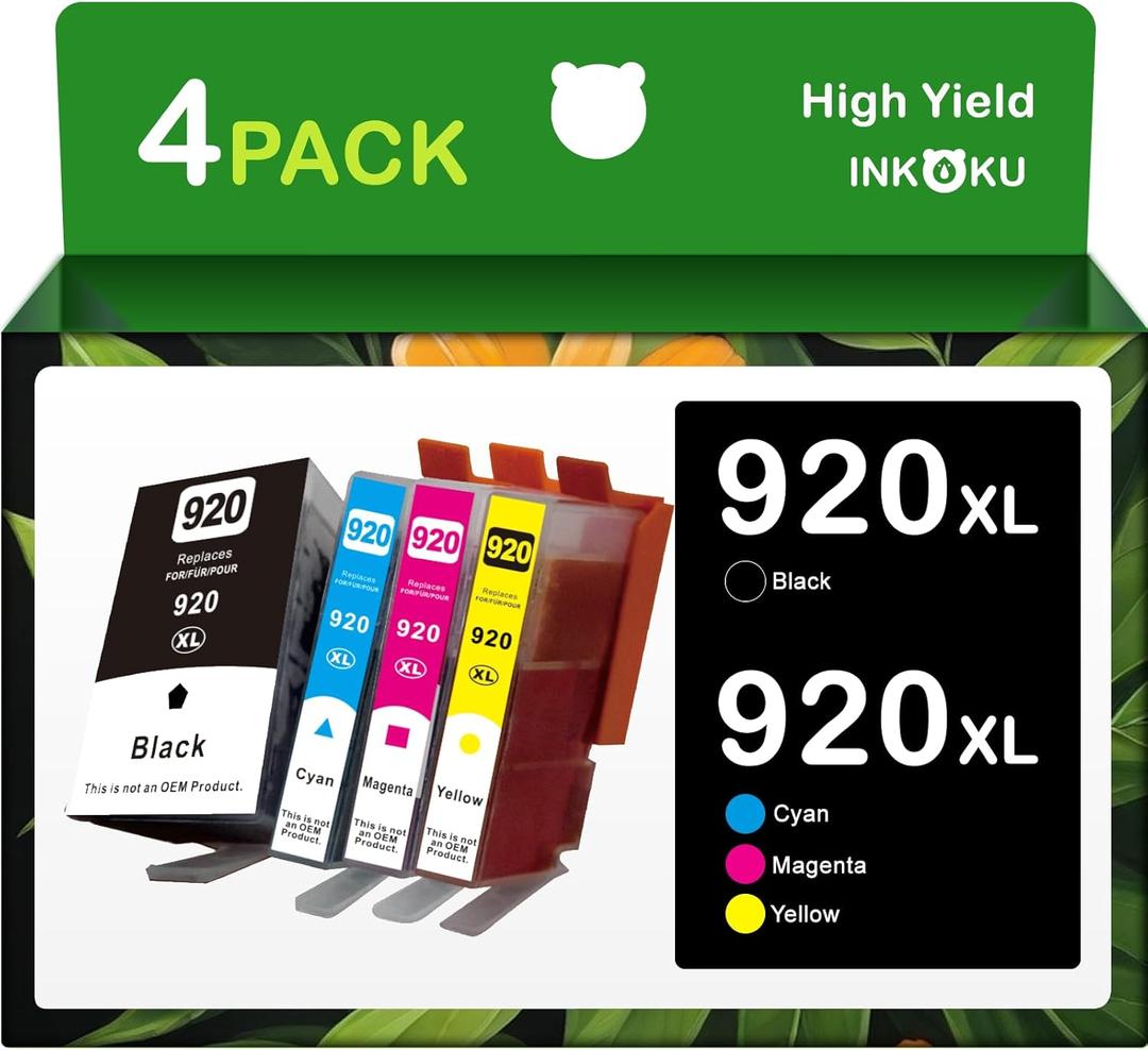 920 920XL Ink Cartridges Compatible for HP 920 XL 920XL Ink Cartridge Combo Pack Compatible with Officejet 6500A 6000 7000 7500A Printer (Black, Cyan, Magenta, Yellow, 4XL Pack)