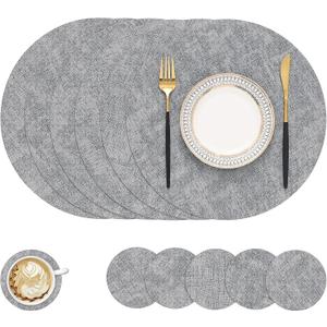 homing Round Faux Leather Placemat and Coaster 6 Packs, Washable Heat Resistant Dining Place Mats, Wipeable Double-Sided Table Mats for Indoor and Outdoor, Diameter 13 and 3.93 inch, Light Grey, 13", Round 6pcs