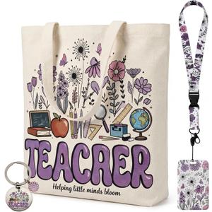 yuboo Teacher Appreciation Gifts for Women, Teacher Tote Bag with Lanyard Badge Holder and Keychain Set, Aesthetic Floral Canvas Bags for Teachers, End of School Year Birthday Gifts