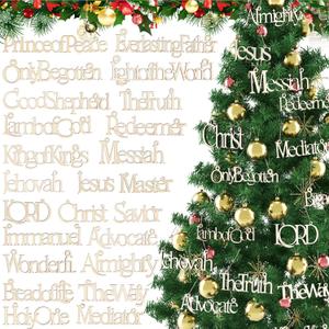Soulchen 24 Pcs Names of Jesus Advent Christ Christmas Hanging Ornaments Bulk with Rope Wood Religious Ornaments with Savior Names for Christmas Tree Decoration