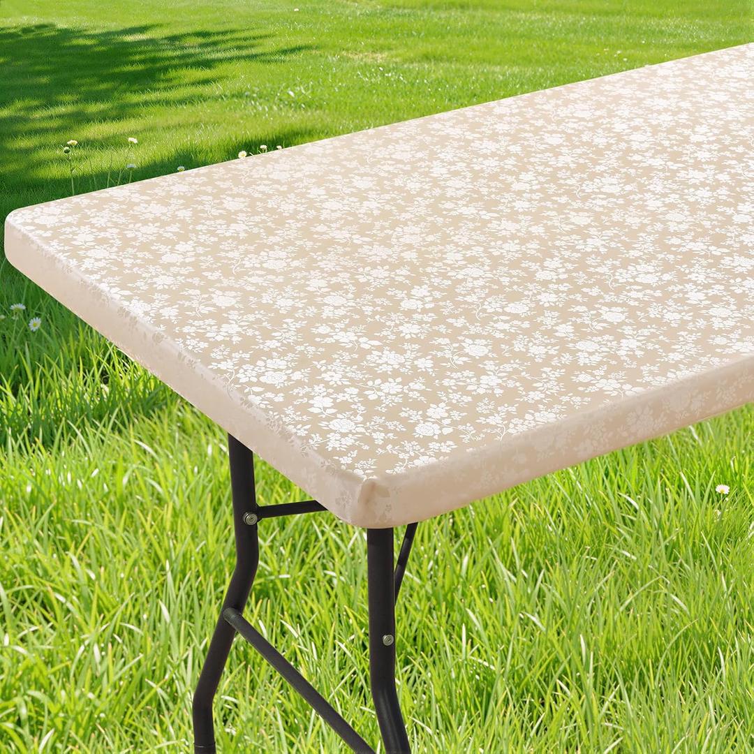 Smiry Rectangle Picnic Table Cloth, Elastic Waterproof Fitted Heavy Duty Vinyl Tablecloths, Wipeable Washable Table Covers for Kitchen, Dining, Camping, Outdoor (Beige, 36" X 96")