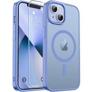 zapica Magnetic for iPhone 13 Case & iPhone 14 Case, with [Tempered Glass Screen Protector] [Compatible with MagSafe] Translucent Matte Shockproof Anti-Scratch Phone Cover, Blue Purple