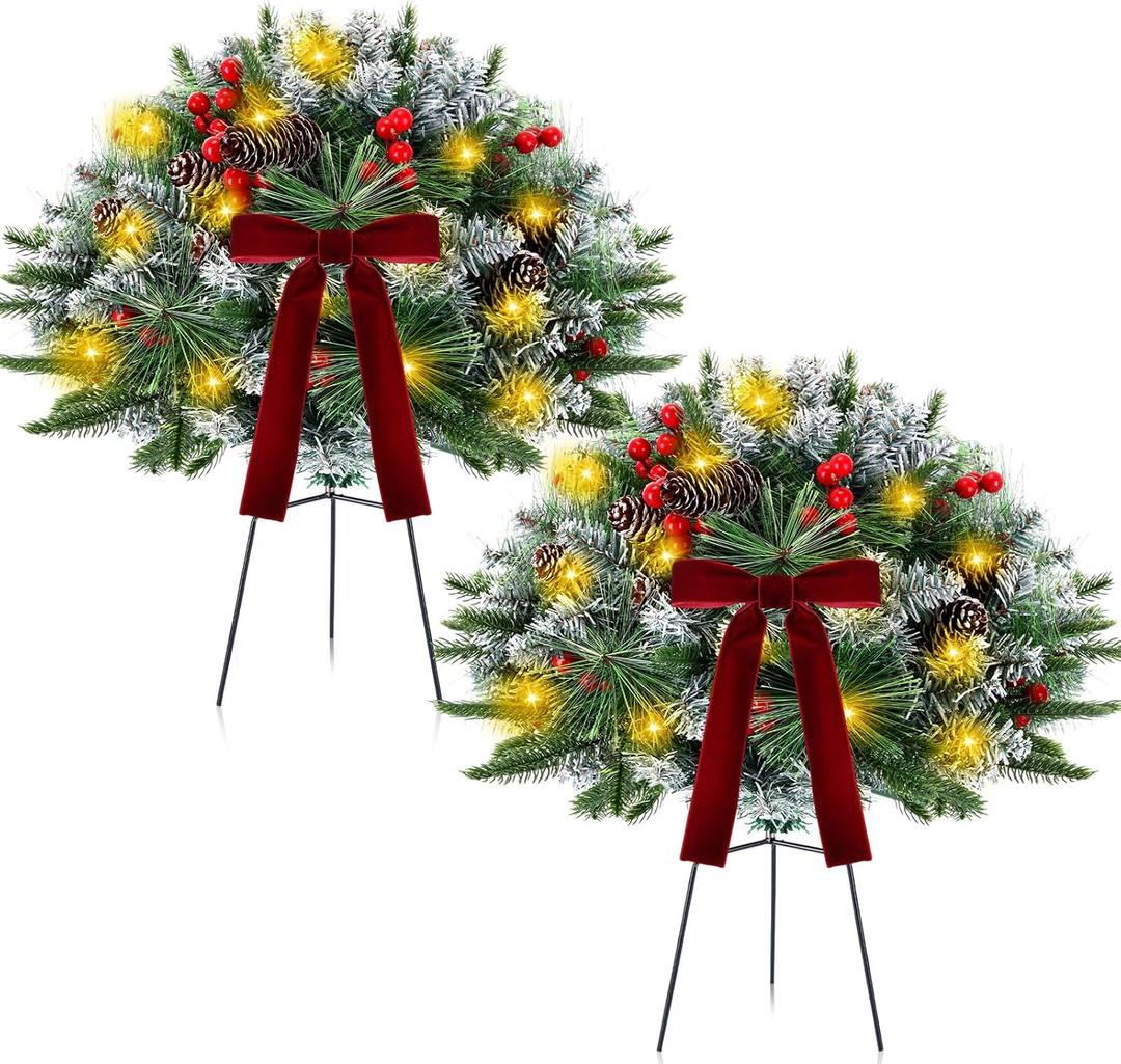 2 Pack 18" Lighted Outdoor Christmas Urn Filler with Remote & Timer, 60 LEDs Prelit Snowy Artificial Xmas Tree Planter Insert, Velvet Bows for Front Porch, Yard Decor(Olive Green)
