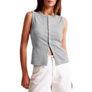 Cioatin Women Ribbed Button Down Tank Tops Sleeveless Crew Neck Slim Fit Open Front Crop Vest Going Out Y2K Clothes Heather Gray (S)