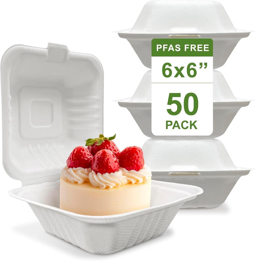 [50 COUNT]Harvest Pack 6 X 6" White Compostable Clamshell Food Containers, To go food container Heavy-Duty Hinged Container, Disposable Bagasse Eco-Friendly Natural Takeout to go Box