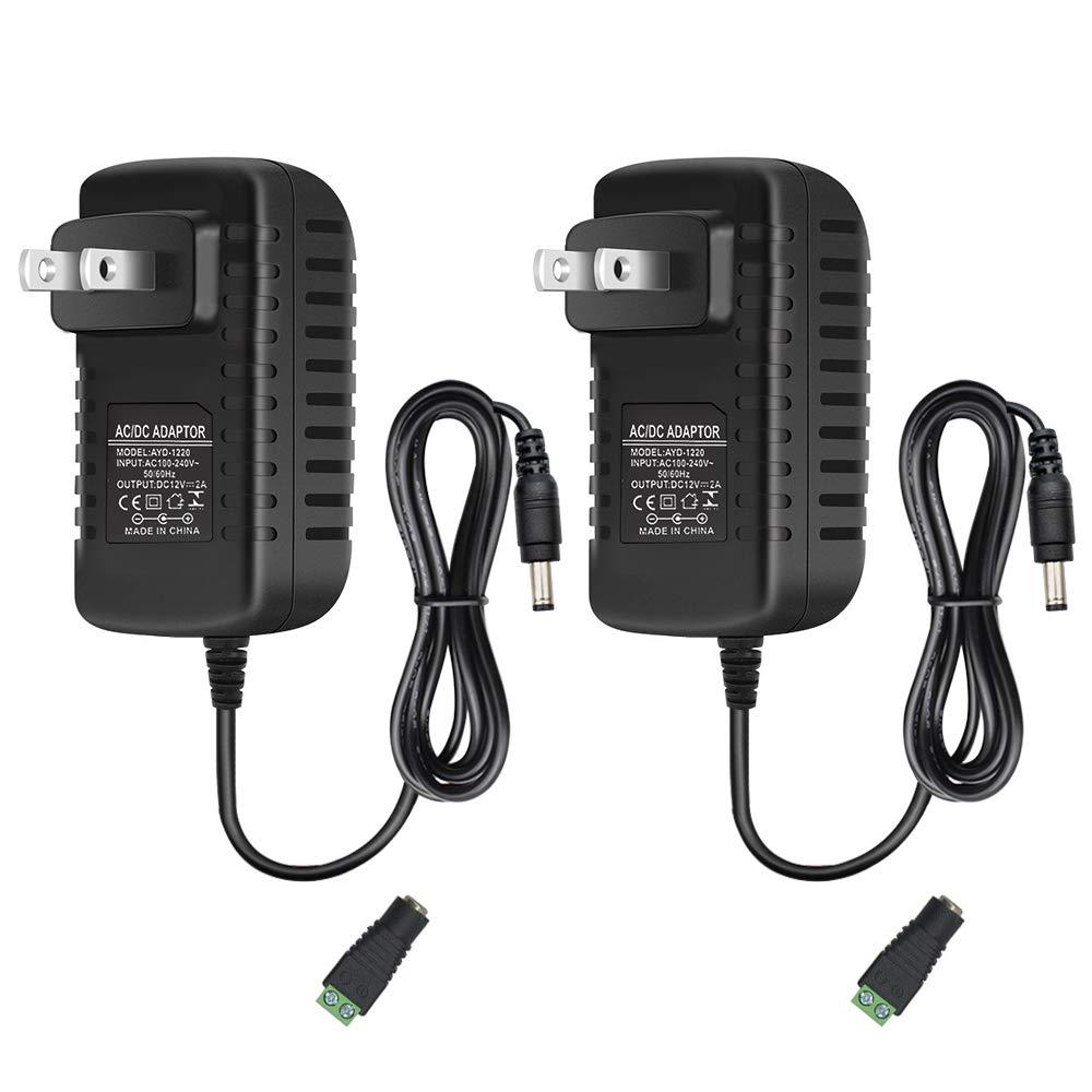 12V 2A LED Power Supply, 24W AC Adapter, 100-240V AC to 12V DC Transformer, 12 Volt Power Supply for LED Strip Lights, Wall Plug Adapter with 5.5/2.1 DC Female Connector (2 Pack)