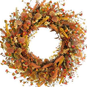 24 Inch Fall Wreaths for Front Door Wreath with Flowers,Grain,Eucalyptus Leaves Autumn Wreath for Front Door Wall Home Harvest Thanksgiving Decor