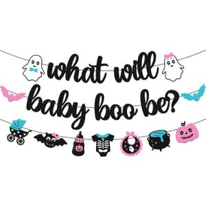 Halloween Gender Reveal Banner What will Baby Boo Be Banner Halloween Ghost Bats Theme Boo-y or Ghoul He or She Blue or Pink Boy or Girl Gender Reveal Baby Shower Party Supplies