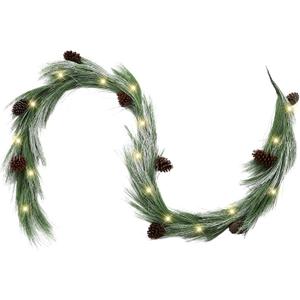 Jutom 9 ft Pre-lit Christmas Snowy Norfolk Pine Garlands White Frosted Real Touch Cedar Garland Artificial Long Needle Garland with Pine Cone Light for Xmas Mantle Table Stair Indoor Outdoor Decor