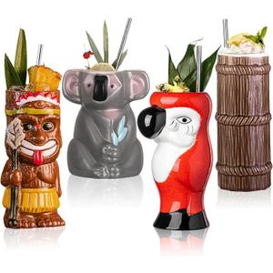 Tiki Mugs for Cocktail Set of 4 - Large Ceramic Tiki Cups,Tiki Glasses Cute Exotic Cocktail Glasses, For Hawaiian Party And Tiki Bar