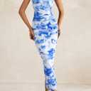 PRETTYGARDEN Wedding Guest Dresses for Women Summer 2026 One Shoulder Ruched Mesh Bodycon Cocktail Beach Floral Maxi Dress (Blue, M)