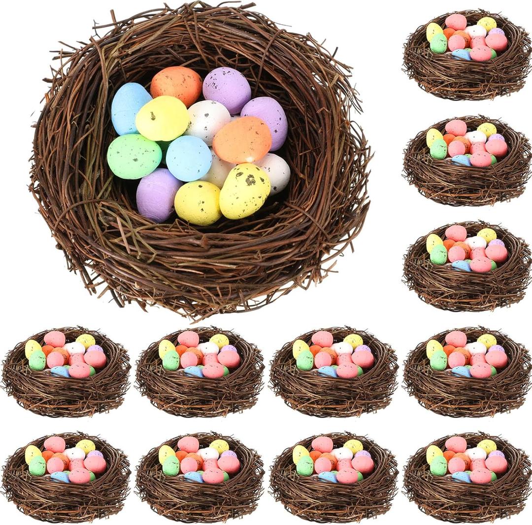 12 Pcs Easter Faux Bird Nest with 100 Pcs Eggs Small Artificial Rattan Nest Decorative Simulation Twig Miniature Birds Nests for Crafts Party Creative Patio Decoration Home Garden (3.9 Inch)
