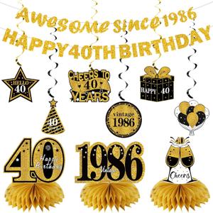 Kuxriox 11Pcs 40th Birthday Decorations Kit for Men Women, Black Gold Happy 40th Birthday Banner, Awesome Since 1986 Centerpieces Swirls Party Supplies, Forty Bday Banner Ceiling Table Topper Sign
