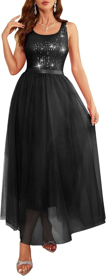BeryLove Sequin Dress for Woman Vintage A Line Wedding Formal Swing Mesh Dress Sleeveless Cocktail Maxi Gowns. L