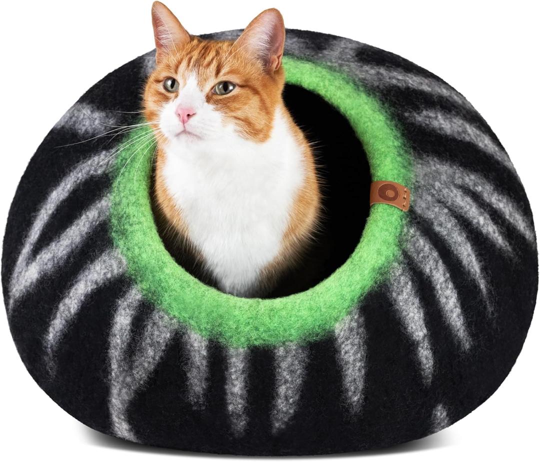 MEOWFIA Cat Cave  Premium Felt Cat Bed for Indoor Cats, Handmade Merino Wool (Shining Tiger, Medium)