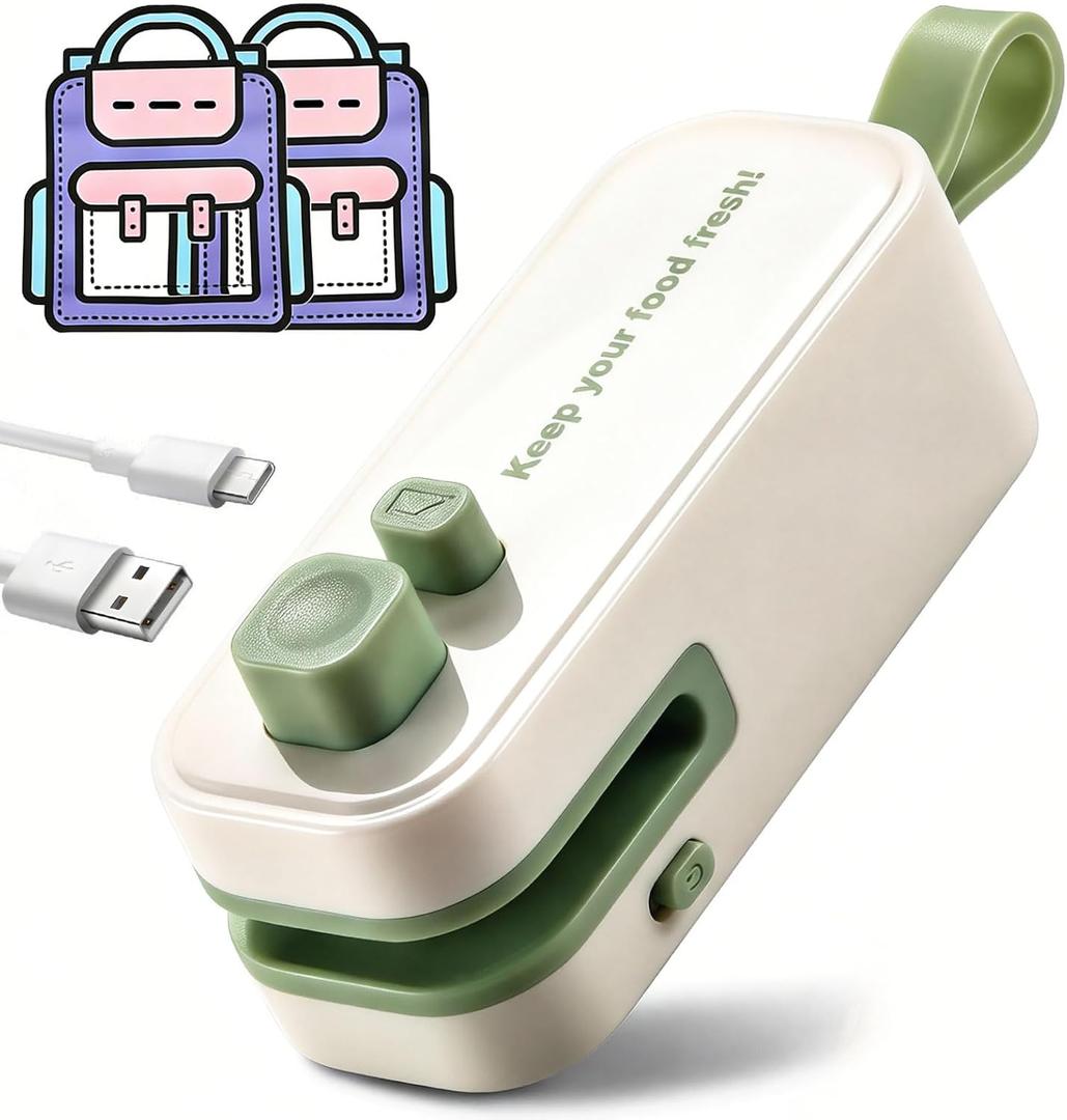 2 in 1 Mini Bag Sealer, Rechargeable Heat Sealer with Cutter and Magnet,Portable Chip Bag Resealer for Food Storage Snacks Freshness (Green)