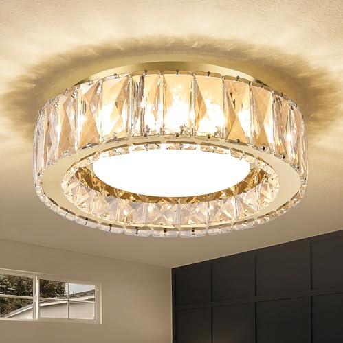 Suenigle Dimmable Modern Luxury Crystal LED Flush Mount Ceiling Light,11 Inch 24W/5CCT 3000K-6000K Gold Close to Ceiling Light Fixture r for Kitchen,Entryway,Laundry Room,Porch
