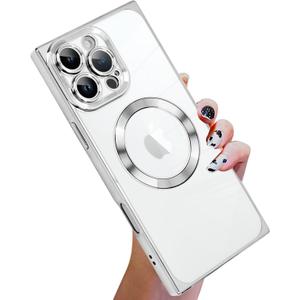 KANGHAR Case Designed for iPhone 16 Pro Max Case Magnetic Clear with Camera Lens Protector[Compatible with MagSafe] Luxury Cute Plating Design Full-Body Shockproof Protection Cover Sliver