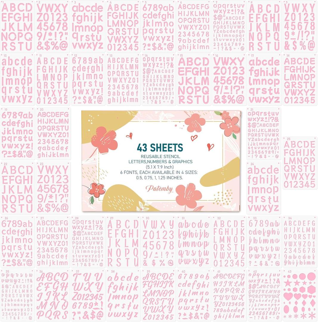 Patemby 1/2, 3/4, 1, 5/4 Inch Small Letter Stencils for Painting, 43 Pack Crafts Reusable Plastic Letter Templates 6 Different Font with Tiny Number & Alphabet Stencil for DIY Crafts Art Projects